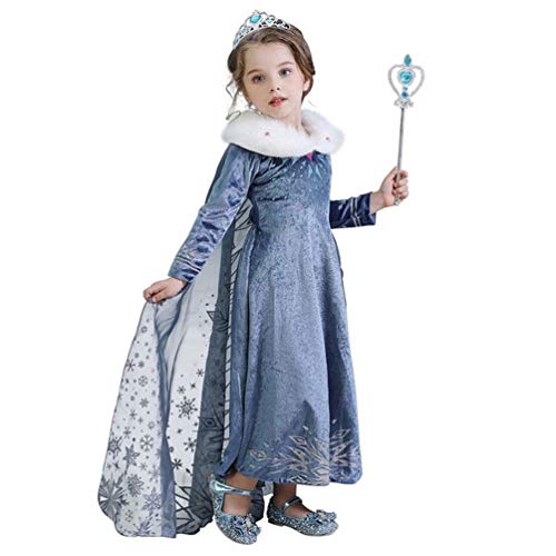 Evursua Winter Princess Dress Costume for Girls Snow Queen Theme Party Dress up Costumes,with Sparkle Ice Queen Crown and Wand(120cm/4-5Y)