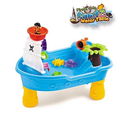 YOG Sand Water Table Set Outdoor Toys Large Pirate Ship Table Christmas Birthday Includes Scoop & Cup & Buckets, Multicolour, 28x19x28in