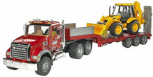 Load image into Gallery viewer, Bruder 02813 Mack Granite Flatbed Truck with JCB Loader Backhoe
