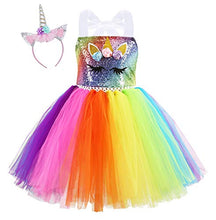 Load image into Gallery viewer, HenzWorld Baby Girls Dresses Costume Rainbow Unicorn Horn Headband Clothes Princess Birthday Party Halloween Cosplay Tutu Outfits Toddler Kids 2-3 Years

