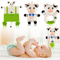 Plush Baby Rattle Toys, 4 PCS Infants Plush Stuffed Animal Rattle Shaker Set, Soft Appease Towel Teether Toys Early Educational Development for 3 6 9 12 Month, 1 Year Old Girls, Boys (Cow)