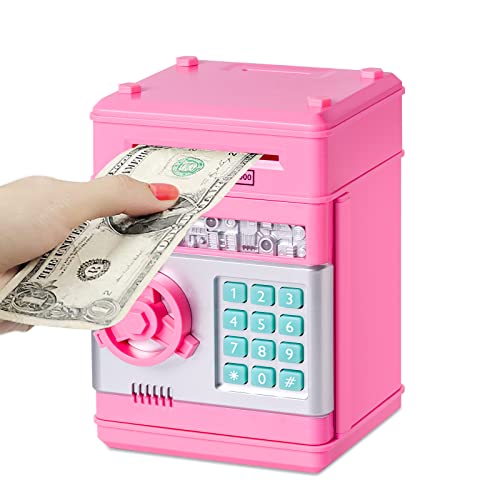 Subao Piggy Bank Girls ATM Piggy Bank for Kids Real Money Auto Scroll Paper Money Safe for Cash Saving with Password Lock Mini Coin Bank Toys for 7 8 9 10 Year Old Girls Birthday Gift Ideas (Pink)
