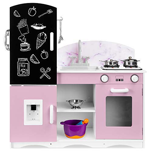 Best Choice Products Wooden Pretend Play Kitchen Toy Set for Kids w/ Chalkboard, Marble Backdrop, Realistic Design, Sounds, 7 Accessories Included - Pink
