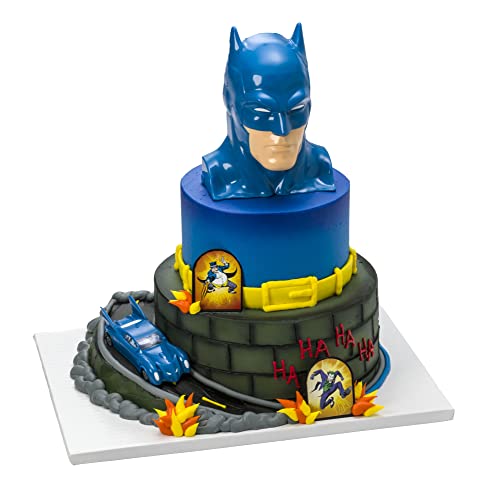 DecoSet Batman to the Rescue Cake Topper, 4 Piece Cake Decoration, Includes Batman Case With a Hidden Fold Out Batmobile Launcher, Free Wheeling Batmobile Car, and Joker and Penguin