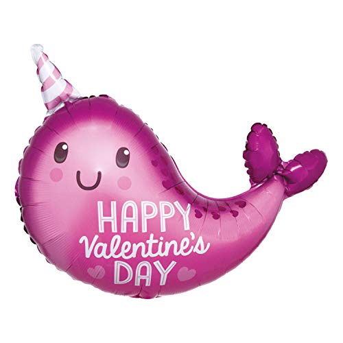 Amscan 3872901 Happy Valentines Day Narwhal Junior Shape Foil Balloon