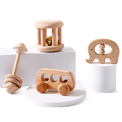 Organic Wooden Baby Rattle Toy Montessori Rattle Roller Waldorf Inspired Grasping Toddler Toys