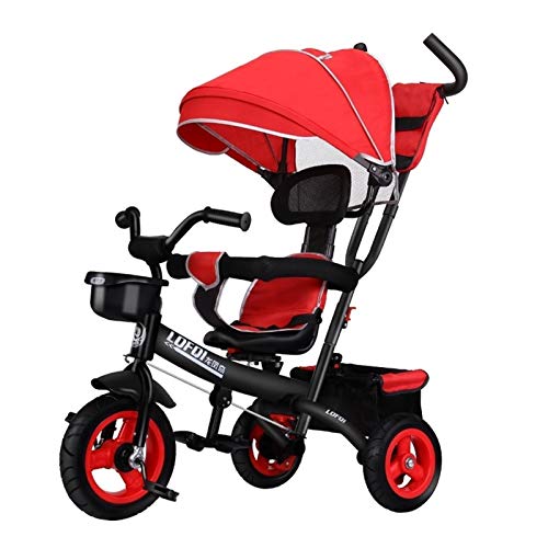Portable Children's Tricycle Rear Hand Putter Adjustable with Awning Non-Slip Wear-Resistant Tires 1-5 Years Old Infants Riding 4 Colors (Color : Red)