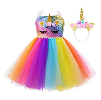 JerrisApparel Girls Unicorn Costume Dress Birthday Party Tutu Outfit with Headband (L (5-6 Years), Sequin Rainbow)