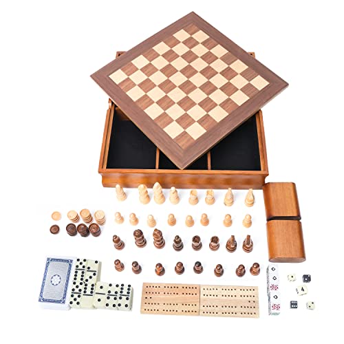 GSE Wooden 7-in-1 Chess, Checkers, Backgammon, Dominoes, Cribbage Board, Playing Card & Poker Dice Game Combo Set (Old Fashioned)