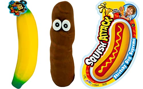 JA-RU Stretchy Banana, Poopster & Hot Dog. Sensory Toys (3 Pack) Stress Relief Toys | Fidget Toys for Kids and Adults. Autism, Anxiety, Therapy Squishy Toys & Party Favors. & Sticker 3340-6448-5564s