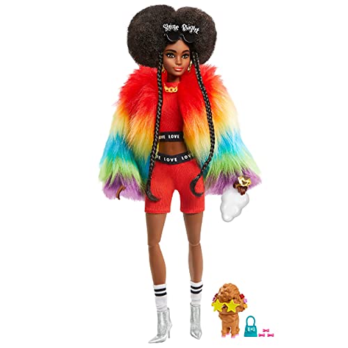 Barbie Extra Doll #1 in Furry Rainbow Coat with Pet Poodle, Brunette Afro-Puffs with Braids, Including Shine Bright Sunglasses, Multiple Flexible Joints