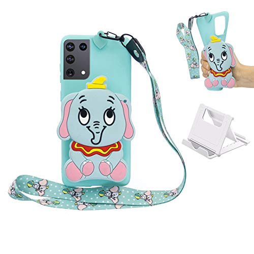 Yewos Coin Purse Case Case Compatible with Samsung Galaxy A72 5G Cute 3D Animals Elephant Cartoon Soft Light Blue Silicone Wallet Case with Wrist Strap,Cool Kawaii Funny Kids Teens Girls Cover