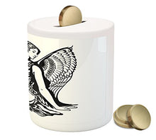 Load image into Gallery viewer, Ambesonne Zodiac Virgo Piggy Bank, Young Woman with Angel Wings Monochrome Tattoo Art Design, Printed Ceramic Coin Bank Money Box for Cash Saving, Black and White

