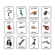 Load image into Gallery viewer, Sea Animals Flash Cards - 26 Laminated Flashcards | Ocean Animals | Water Animals | Homeschool | Multilingual Flash Cards | Bilingual Flashcards - Choose Your Language (German + English)
