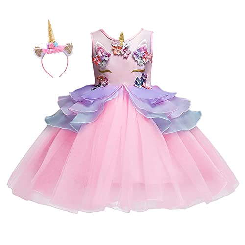 WOCINL Little Girls Unicorn Party Princess Costume Birthday Pageant Tulle Dress Christmas Halloween Outfits w/Headband Pink 9-10T