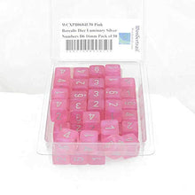 Load image into Gallery viewer, Pink Borealis Dice Luminary with Silver Numbers D6 Aprox 16mm (5/8in) Pack of 50 Wondertrail
