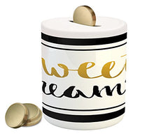 Load image into Gallery viewer, Ambesonne Saying Piggy Bank, Vintage Hand Drawn Lettering Design with Monochrome Stripes Background, Printed Ceramic Coin Bank Money Box for Cash Saving, Yellow Black White
