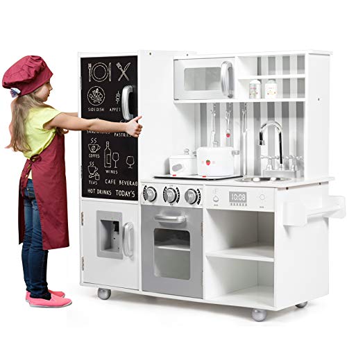 KOTEK Wooden Play Kitchen for Kids Toddlers, Pretend Play Cooking Playset with Simulated Sound and Lights, 7 Accessory Utensils, Blackboard, Sink, Fridge, Stovetop, Cabinets, Tiny Size Kitchen Playset