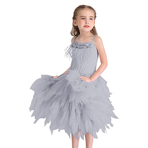 DYMCII Baby Girls Feather Swan Princess Dance Dress Prima Ballerina Costume Pageant Party Prom Birthday Short Tiered Gown Gray 5-6T