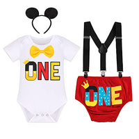Baby Boy 1st Birthday Cake Smash Outfits Mouse Photo Costume Romper+Suspenders+Shorts+Headband 17: White One 6-12M