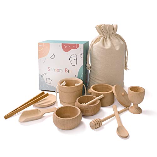 MONT PLEASANT Montessori Toys Sensory Bin Toys for 1 Year Old Toddlers, 11pcs Wooden Waldorf Toys Wooden Scoops and Tongs for Transfer Work and Fine Motor Skills Development