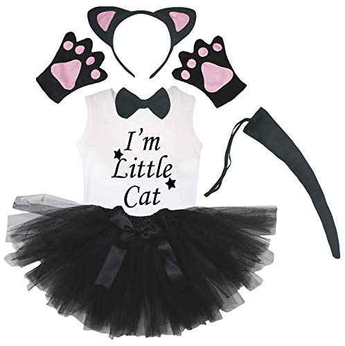 Petitebella I'm Little Cat Shirt Headband Tutu 6pc Girl Costume 1-8y (Black [ Pink Ear ], 4-5year)