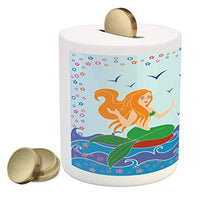 Load image into Gallery viewer, Lunarable Underwater Piggy Bank, Dolphin and Mermaid Girl on The Sea Blue Waves Colorful Summer Time Drawing, Ceramic Coin Bank Money Box for Cash Saving, 3.6&quot; X 3.2&quot;, Yellow Green

