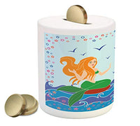 Lunarable Underwater Piggy Bank, Dolphin and Mermaid Girl on The Sea Blue Waves Colorful Summer Time Drawing, Ceramic Coin Bank Money Box for Cash Saving, 3.6