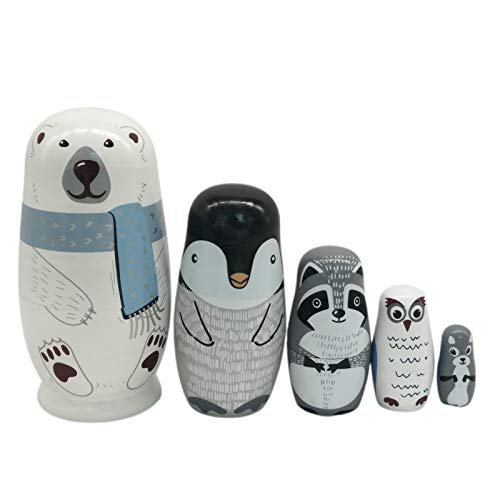 Russian Nesting Dolls Matryoshka Wooden Stacking Nested Set 5 Pieces Handmade Toys, Cute Cartoon Animals Bear Pattern Nesting Dolls for Children Kids Christmas Toy Gift, Home Room Decoration (Bear)