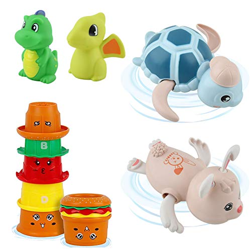 Gizmovine Baby Bath Toys, NO Mold Bath Toy for Toddler Kids Girls Boys, Pool Floating Bathtub Toys Set with 5 Stacking Cups, 2 Sprayer Water Dinosaur Toys, 2 Animal Splash Toy