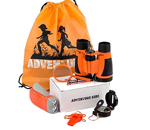 VGEBY1 Kids Binoculars Set, Binocular Exploration Toy Kit with Binoculars, Magnifying Glass, Whistle, Hand Crank Flashlight, Compass, Whistle, Drawstring Backpack (Orange)