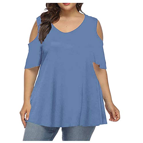 Maikouhai 2021 Womens Summer Tops,Cold Shoulder Strapless Crew-Neck Pullover Blouse Loose Tops XL-5XL Blue