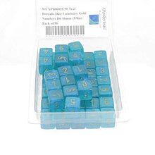 Load image into Gallery viewer, Teal Borealis Dice Luminary with Gold Numbers D6 Aprox 16mm (5/8in) Pack of 50 Wondertrail
