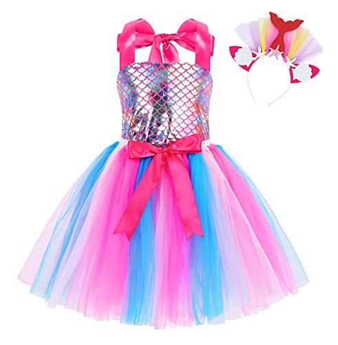 HenzWorld Little Girls Clothes Mermaid Costume Tutu Dress Outfits Princess Birthday Party Wedding Cosplay Ears Headband Rose Pink Kids 6-7Y