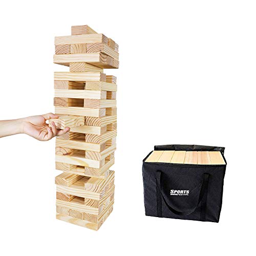 LOKATSE HOME Giant Tumbling Timber Tower 60 Large Wooden Blocks (Stackes to 5+ Feet) with Storage Bag, Premium Pinewood Jumbo Lawn Outdoor Games Set for Adults and Kids