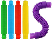 Load image into Gallery viewer, JA-RU Pull Pop Tubes Sensory Fidget Toys (4 Tubes Assorted) Pop Play Tubes Sensory Toys Pipe Tools for Stress Toys and Anxiety Relief Toy for Kids &amp; Adults Party Favor Plus 1 Sticker. 4774-4s
