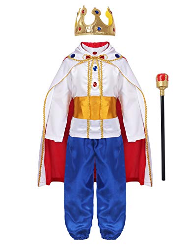 Agoky Kids Boys King Costume Halloween Cosplay Fancy Dress Up Outfit Tops Pants Belt Cape Headband Truncheon Socks White 12-14