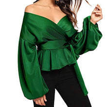 Load image into Gallery viewer, WYTong Off Shoulder Tie Waist Wrap Tops For Women Fashion Long Sleeve Strapless V-Neck Belt Bandage Shirt(Green,L)
