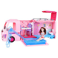 SUPER JOY Dolls Camper Playset with Pool - 50 Pieces Doll Furniture Playset with Kitchen, Swimming Pool, Bathroom | Pretend Play Toys Doll Car Dream Camper Gift for Girls (Dolls Not Included)
