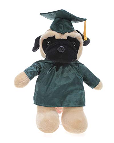 Plushland Pug Plush Stuffed Animal Toys Present Gifts for Graduation Day, Personalized Text, Name or Your School Logo on Gown, Best for Any Grad School Kids 12 Inches(Forest Green Cap and Gown)