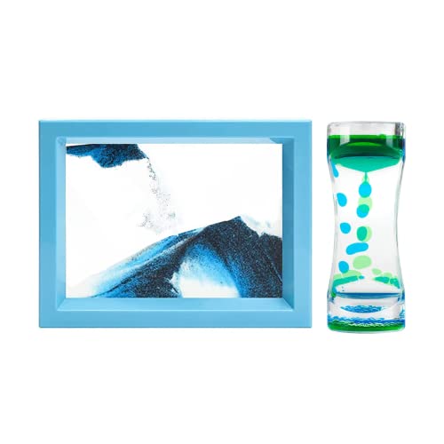 ANXUS Liquid Motion Bubbler Timer and Moving Sand Art Picture 2 Pack, Art Activity Calm Relaxing Stress Relief Fidget Toys,Desk Decor(Blue)