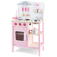 New Classic Toys Pink Wooden Pretend Play Toy Kitchen for Kids with Role Play Bon Appetit Included Accesoires