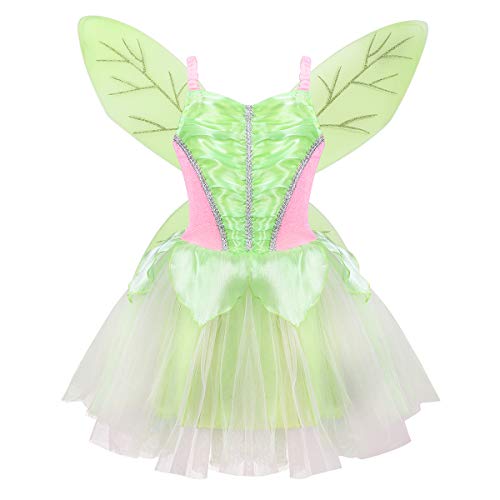 ACSUSS Kids Girls Green Fairy Princess Costume Fancy Dress Up Ruffled Tank Top Satin Tutu Dress Ball Gown Tea Green 8-10