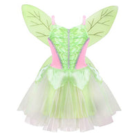 LiiYii Kids Girls Cosplay Fairy Tale Sundress Halloween Theme Party Fancy Costumes with Glittery Wings Set Tea Green 8-10 Years