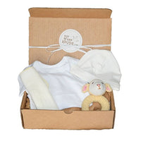 Organic Baby Gift Box Under 50 - Newborn Essentials and Lamb Rattle - Cream & White