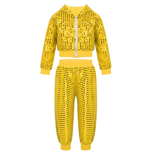 Agoky Children Girls Sequins Hip Hop Modern Jazz Street Dance Costume Outfit Kids Stage Performances Clothes Yellow Hooded Set 10-12