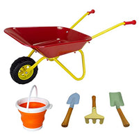 KOVOME Kid's Wheelbarrow Toy, Gardening Metal Small Wheel Barrow Wagon Set, Yard Tools Gift for Boys and Girls, Children Barrows