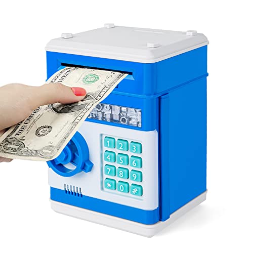 Subao Piggy Bank for Boys Kids Piggy Bank for Real Money Auto Scroll Paper Money Safe for Cash Saving Coin Bank with Digital Password Lock (Blue)
