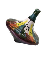 Load image into Gallery viewer, Hanukkah Chanukkah Dreidel Ceramic Colorful Unique Yellow green Purple Design, Spinning Top. Hand Made Size: 2.75&quot;
