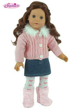 Load image into Gallery viewer, Sophia&#39;s 18 Inch Doll Clothing/Clothes 3 Pc. Set Fits American Girl Dolls and More! Chenille Doll Sweater, Denim Skirt &amp; Heart Doll Tights Outfit
